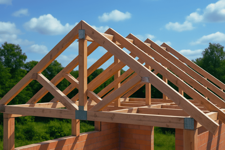 Beşik çatılı yapıda, mertek ve makas elemanlarıyla kurulan ahşap taşıyıcı iskelet çatı modeli