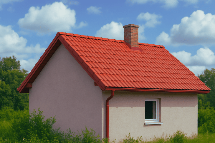 Kiremit kaplama kullanılan, baca çıkıntısına sahip beşik çatı kır evi modeli. Yapay zeka ile oluşturulmuştur.