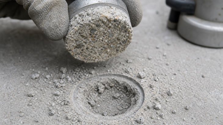 Pull-off testinde koparılan metal diskin altına yapışmış beton parçası ve şaptaki dairesel iz