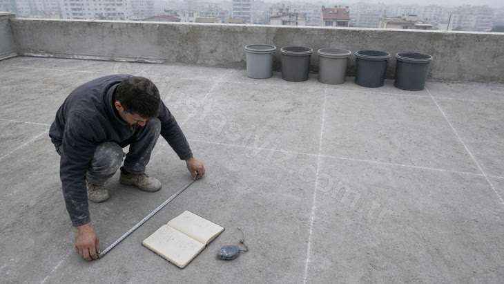Çıplak beton terasta şerit metreyle ölçüm alan usta ve parapette dizili kovalar