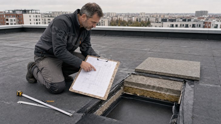 Bilirkişi yeni binanın çatı katmanlarını proje çizimiyle karşılaştırıyor