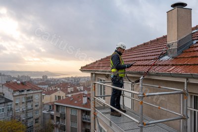 Yağmur sonrası apartman çatısında güvenli sızıntı incelemesi yapan uzman
