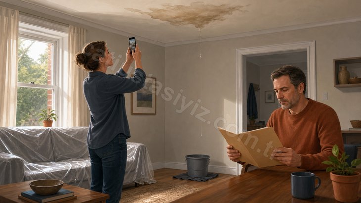 Kiracı tavan sızıntısını fotoğraflarken ev sahibi bildirim dosyasını inceliyor