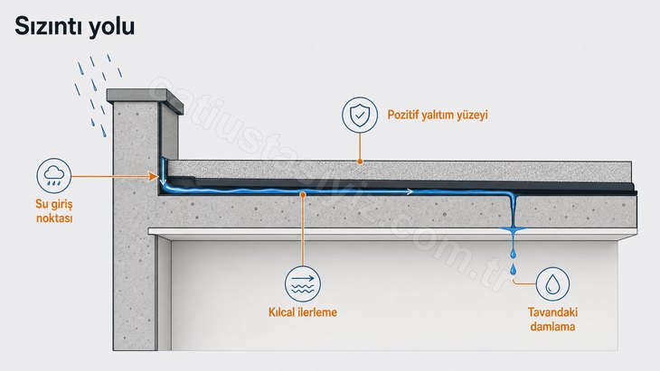 Parapetten giren suyun membran altında ilerleyip tavandan damladığı çatı kesiti