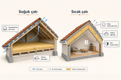 Soğuk çatı ve sıcak çatı kesitinde yalıtım katmanının konumu