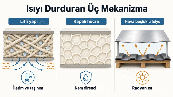 Lifli, kapalı hücreli ve reflektif yalıtım mekanizmalarının karşılaştırmalı kesiti