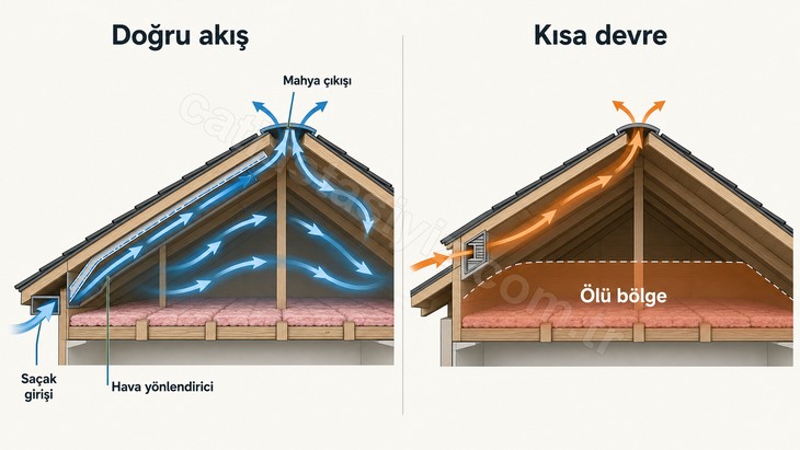 Dengeli saçak-mahya akışı ile havalandırma kısa devresinin karşılaştırması