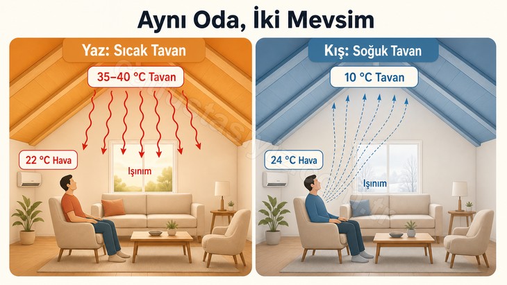 Yaz ve kış çatı katında hava ile tavan sıcaklığı farkı