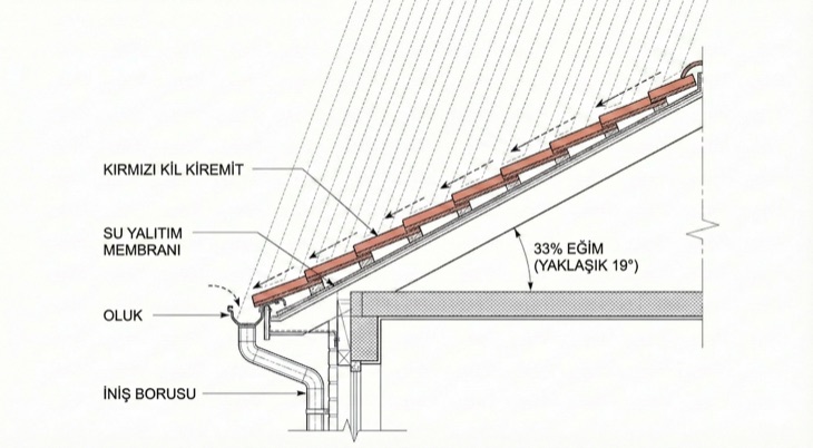 Kırmızı kil kiremit, su yalıtım membranı, oluk ve iniş borusunu gösteren çatı kesit çizimi; %33 eğim (yaklaşık 19°) etiketi ile.