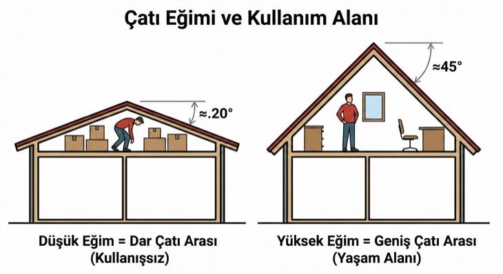 Düşük eğimli çatıda (≈20°) dar ve kullanışsız çatı arası ile yüksek eğimli çatıda (≈45°) geniş ve yaşam alanına dönüştürülebilir çatı katı karşılaştırması.