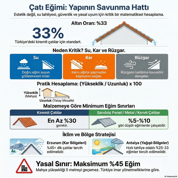 Çatı eğiminin yapının savunma hattı olduğunu gösteren infografik: %33 altın oran, su-kar-rüzgar etkileri, hesaplama formülü ve yasal %45 sınırı.