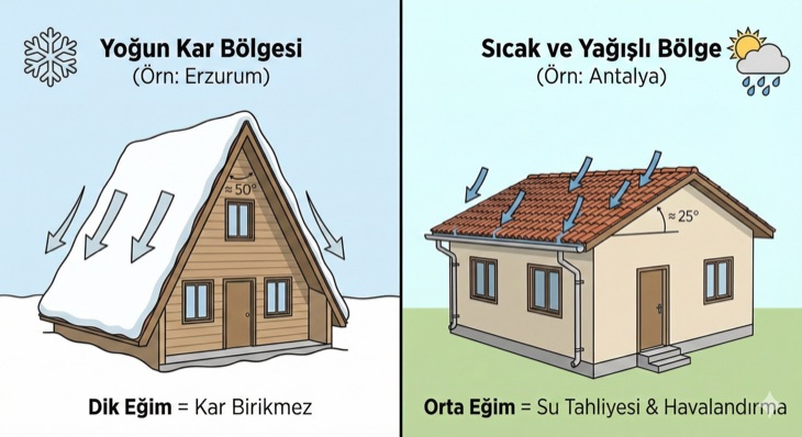 Yoğun kar bölgesi Erzurum'da ≈50° dik eğimli A-Frame çatı ile sıcak ve yağışlı bölge Antalya'da ≈25° orta eğimli kiremit çatı karşılaştırması.