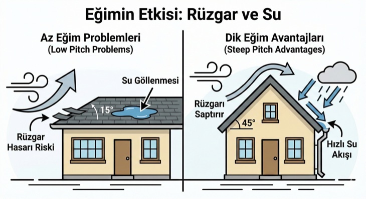 Az eğimli çatıda (15°) su göllenmesi ve rüzgar hasarı riski ile dik eğimli çatıda (45°) rüzgar saptırma ve hızlı su akışı avantajları karşılaştırması.