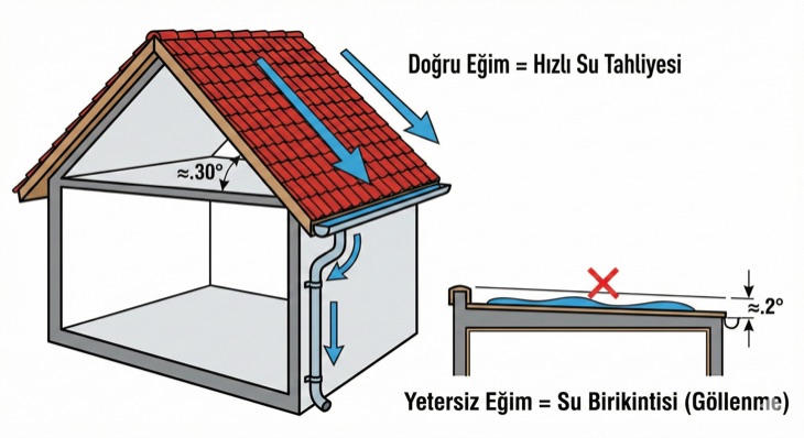 Doğru eğimli kiremit çatıda hızlı su tahliyesi ile yetersiz eğimli düz çatıda su birikintisi (göllenme) karşılaştırması.