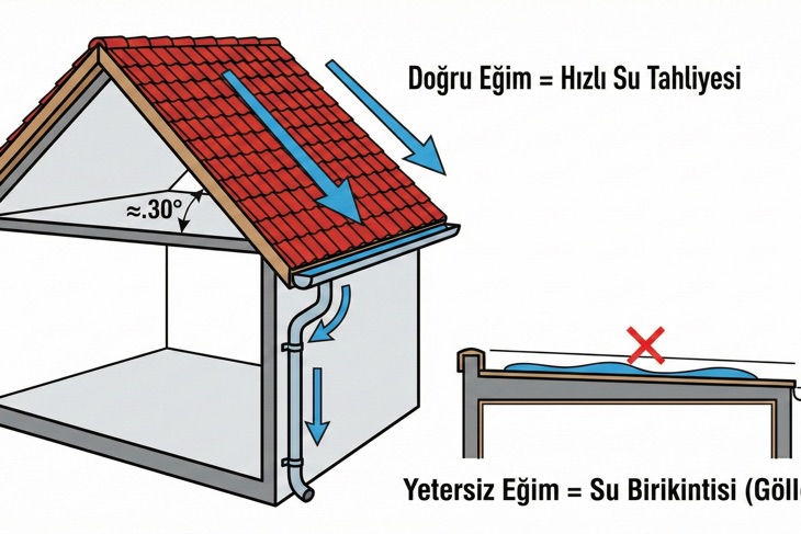 Doğru eğimli kiremit çatıda hızlı su tahliyesi ile yetersiz eğimli düz çatıda su birikintisi karşılaştırması.