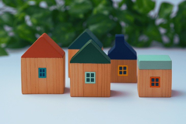 Kırma çatı, beşik çatı, tek yöne eğimli çatı, baca çıkıntılı geleneksel çatı ve düz çatı gibi farklı formları temsil eden, taşıyıcı sistem ve kullanım amacına göre çeşitlenen çatı tiplerini yansıtan renkli ahşap ev modelleri