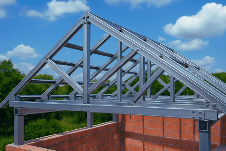 Yük taşıyıcı yapı; çelik makaslar, profil bağlantı elemanları, vidalı sistem, çapraz takviye ve galvanizli çelik profiller ile oluşturulmuş çelik beşik çatı iskelet modeli