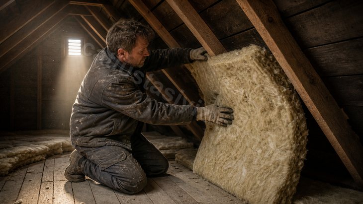 Eğik çatı arasında mertek boşluğuna mineral yün şilte yerleştiren usta