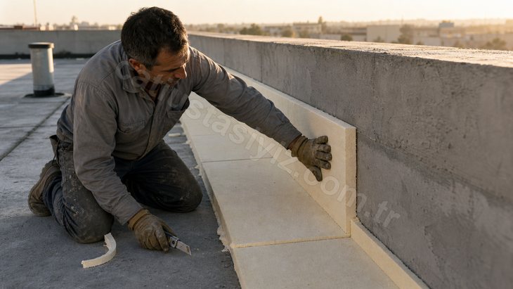 Düz çatıda parapet dönüşünde yalıtım levhasını kesip yerine bastıran usta