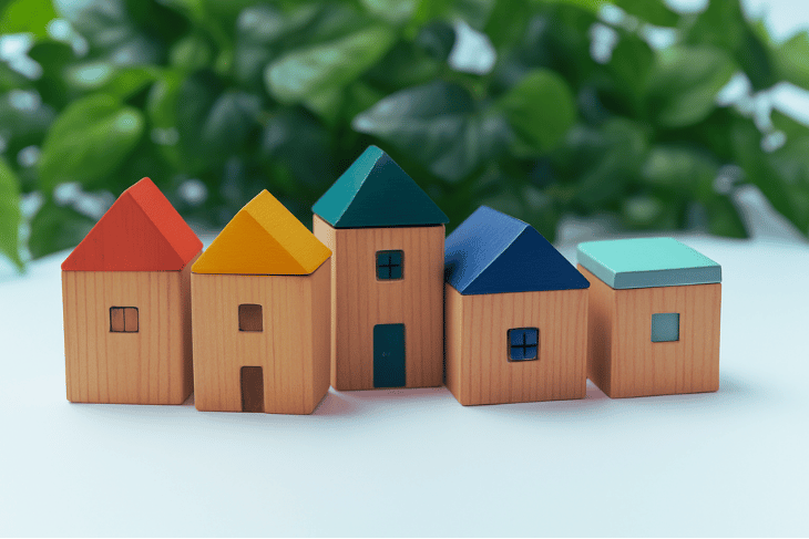 Farklı çatı formlarını temsil eden beş ahşap maket ev: üçgen, kırma, beşik ve teras çatılar; taşıyıcı sistemlere göre sembolik bir düzenleme.