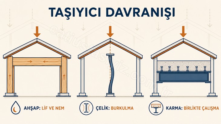 Çatı taşıyıcılarında ahşap, çelik ve karma sistemlerin davranış karşılaştırması