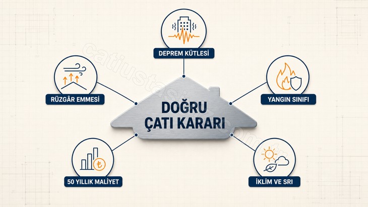 Çatı kararını deprem, rüzgâr, yangın, maliyet ve iklimle dengeleyen infografik