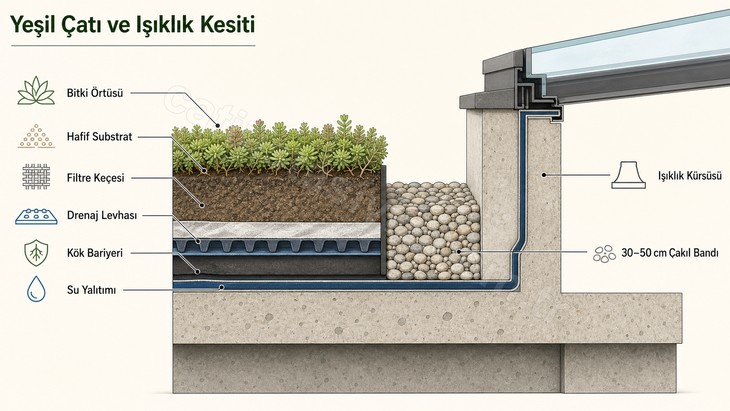 Yeşil çatı katmanlarının ışıklık kürsüsüyle birleştiği teknik çatı kesiti