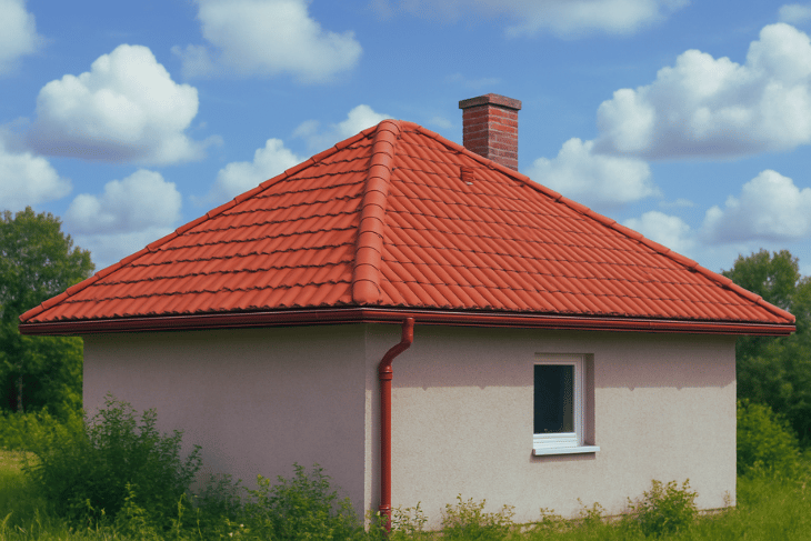 Kiremit kaplı, dört yöne eğimli kırma çatıya sahip, baca çıkıntılı tek katlı yapı modeli. Yapay zeka ile oluşturulmuştur.