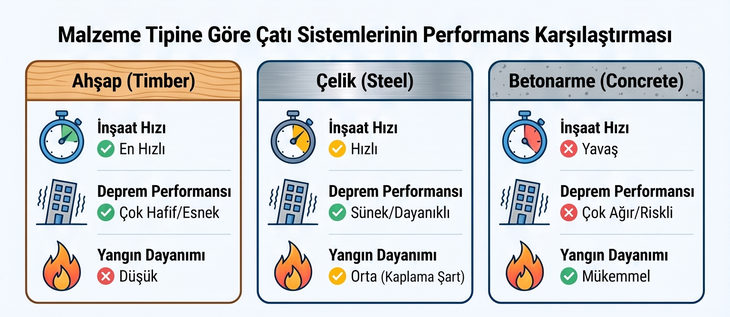 Ahşap, çelik ve betonarme kırma çatı iskeletinin inşaat hızı, deprem ve yangın performansı karşılaştırması