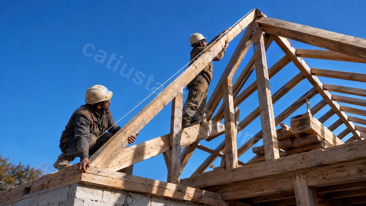 Kırma çatı köşesinde eğik mahya merteğini kılavuz ipiyle yerine oturtan iki usta