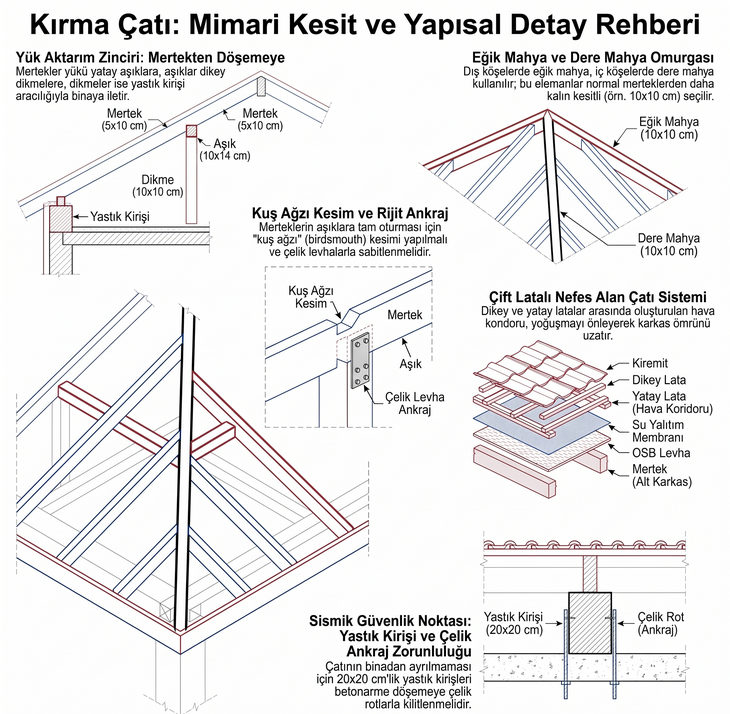 Kırma çatı elemanlarının 2B teknik çizimi: mertek, aşık, dikme ve yastık kirişi arasındaki yük aktarım zinciri ile kuş ağzı kesim detayı