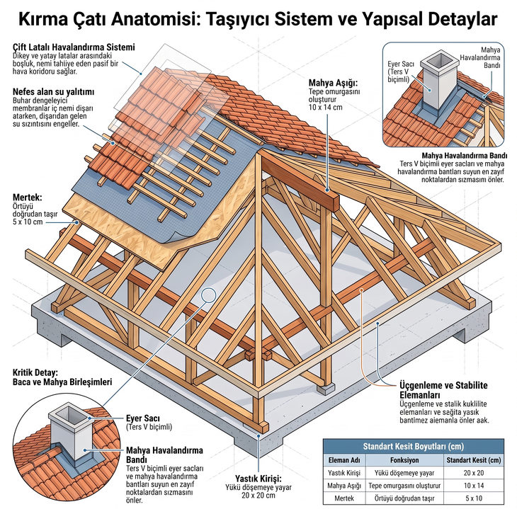 Kırma çatının 3D detay çizimi: taşıyıcı karkas anatomisi, çift latalı havalandırma katmanları ve baca birleşimi