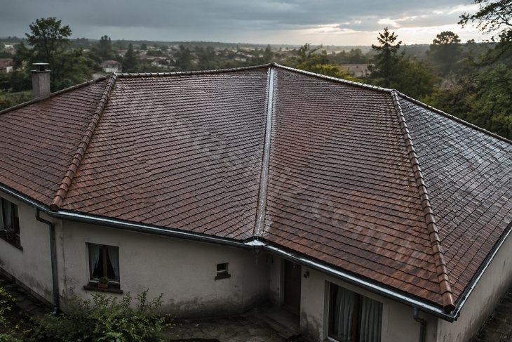 L planlı bir evin dört yüzeyli kırma çatısının kuş bakışı görünümü