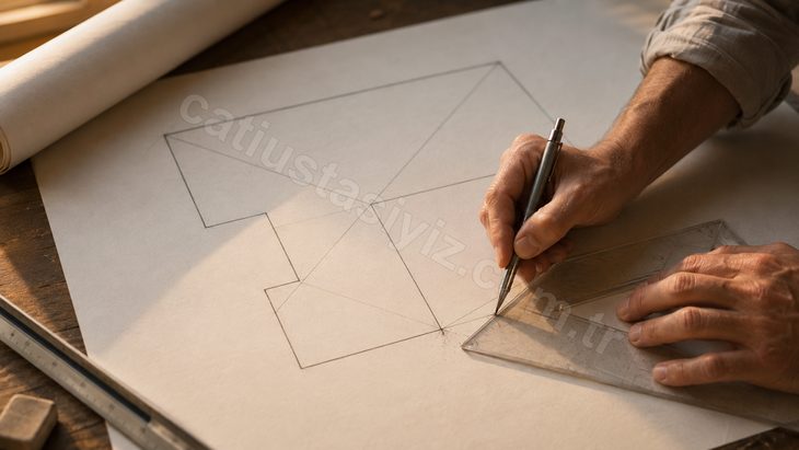 Proje masasındaki kırma çatı planına gönyeyle 45 derecelik açıortay çizgisi çizen mimar