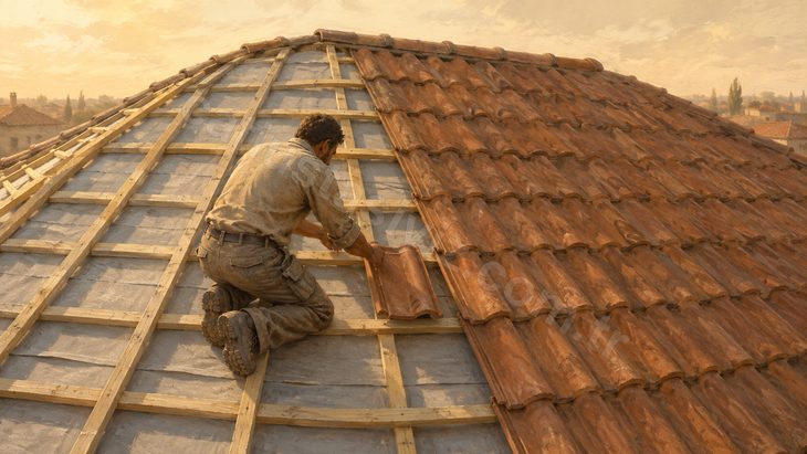 Yarısı kiremit kaplı kırma çatıda latalara kiremit asan usta