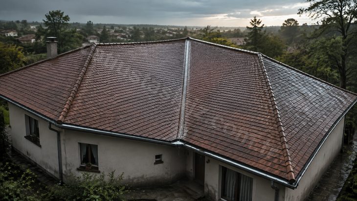 L planlı evin iki kırma çatı yüzeyinin iç köşede dere hattında buluşması