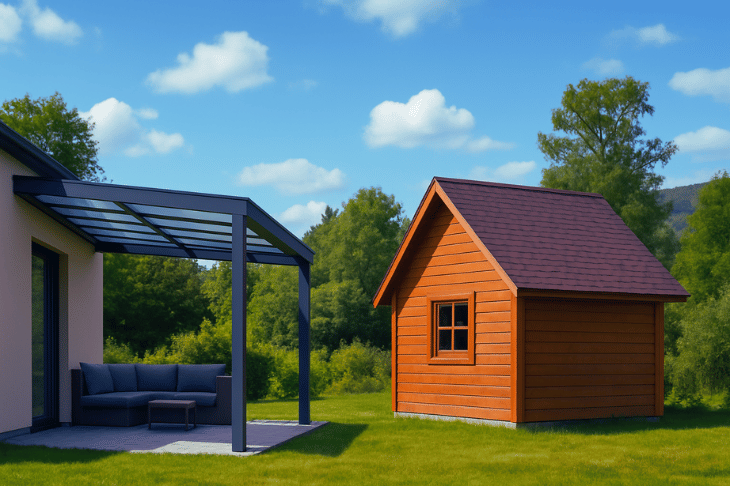 Pergola ile örtülü oturma alanı modeli ve şıngıl kaplı eğimli beşik çatılı ahşap ev modeli