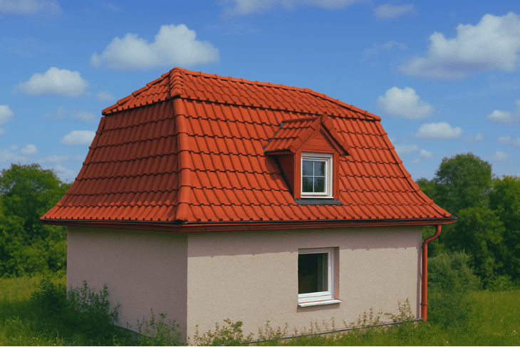 Mansard çatıya sahip, kırmızı kiremit kaplı, çatı katı penceresi olan ev modeli. Yapay zeka ile oluşturulmuştur.