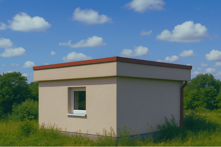 Teras çatıya sahip, düz çatılı, yalın cepheli küçük bir yapı modeli