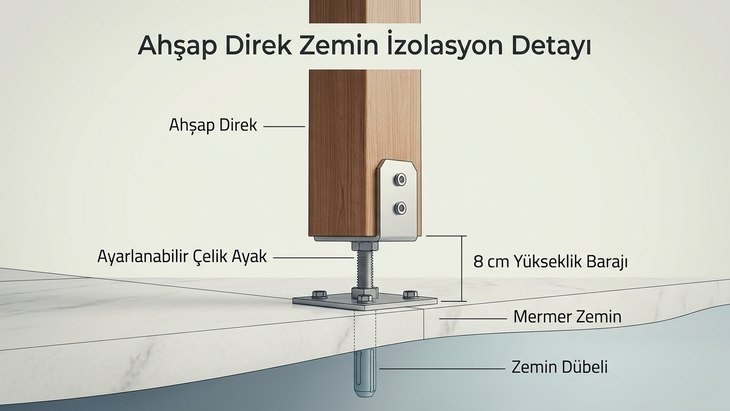 Ahşap direği zeminden 8 cm yukarıda tutan ayarlanabilir çelik ayak detayı