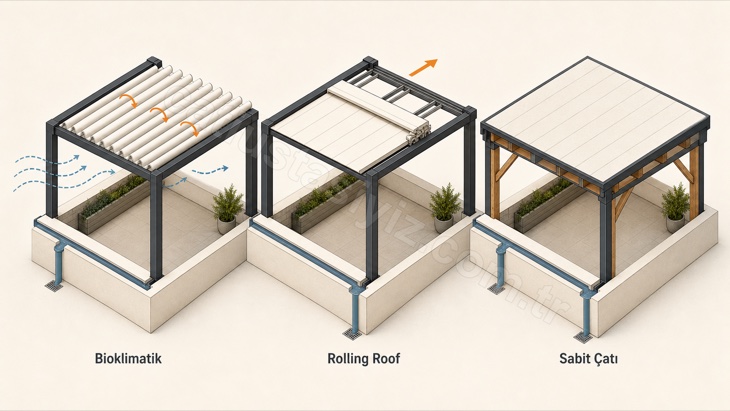Bioklimatik, rolling roof ve sabit teras çatısının yan yana kesit karşılaştırması
