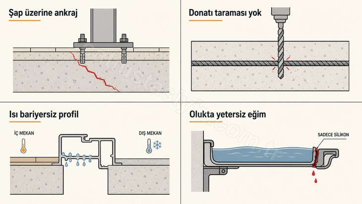 Teras kapatmada dört kritik usta hatasını ayrı karelerde gösteren uyarı infografiği