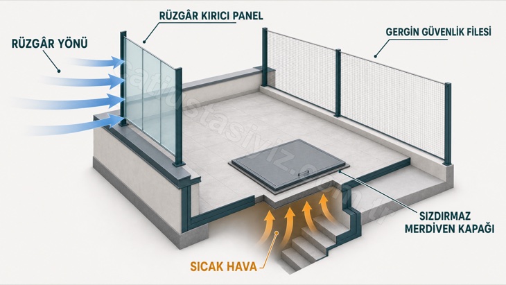 Rüzgâr paneli, güvenlik filesi ve sızdırmaz merdiven kapağı bulunan teras kesiti