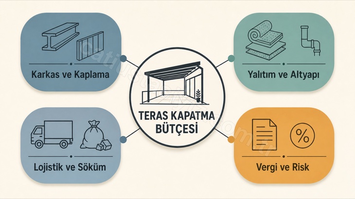 Teras kapatma bütçesini dört maliyet katmanına ayıran radyal infografik