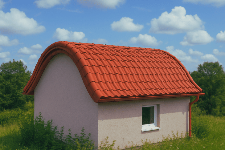 Kavisli yüzeye sahip, kiremit kaplamalı tonoz çatı uygulanan küçük yapı.