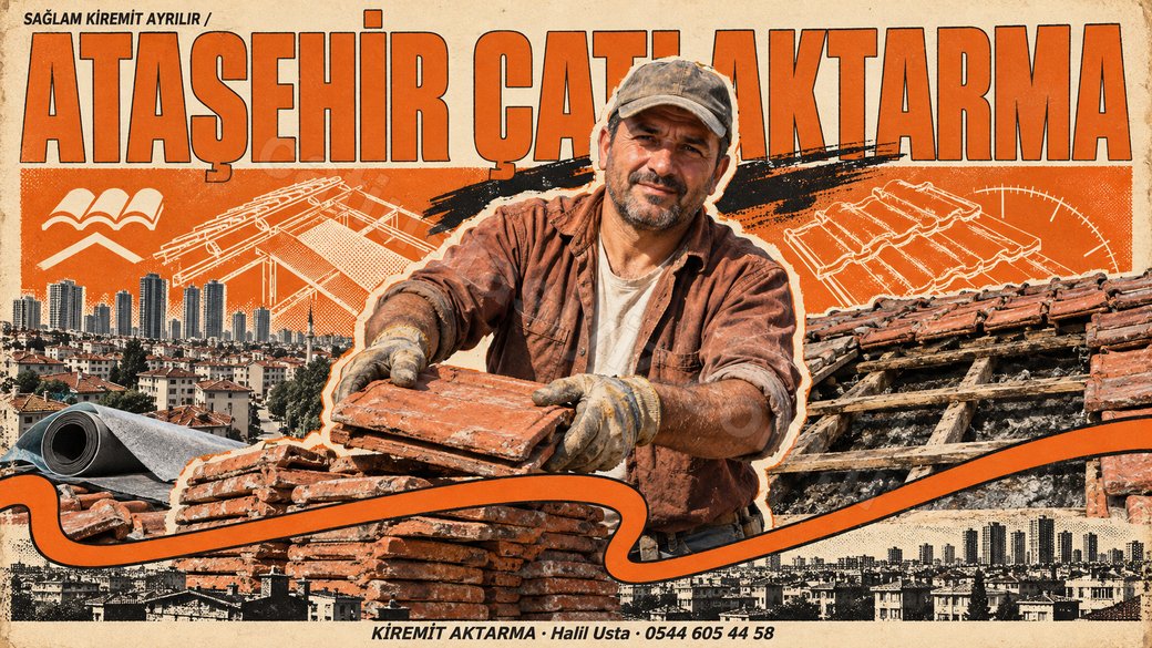 Ataşehir'de açılmış çatıda sağlam kiremitleri istifleyen usta, yanık turuncu kolaj afiş