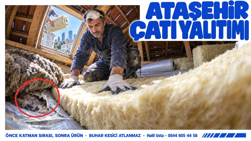 Ataşehir'de çatı arasında merteklerin arasına yalıtım şiltesi oturtan usta, altında buhar kesici