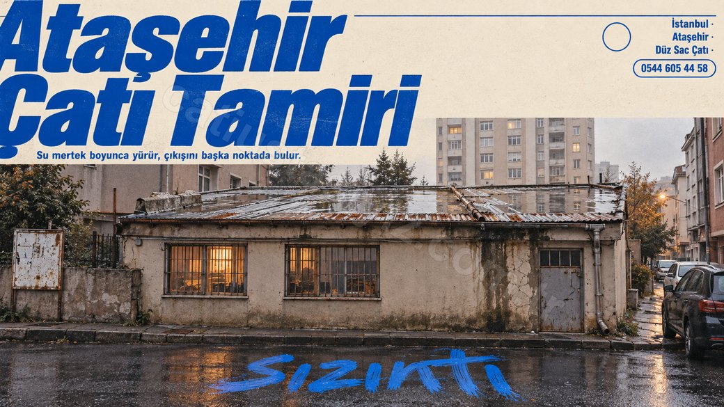 Ataşehir'de dar sokakta alçak ek binanın su biriken düz sac çatısı, kobalt başlıklı afiş