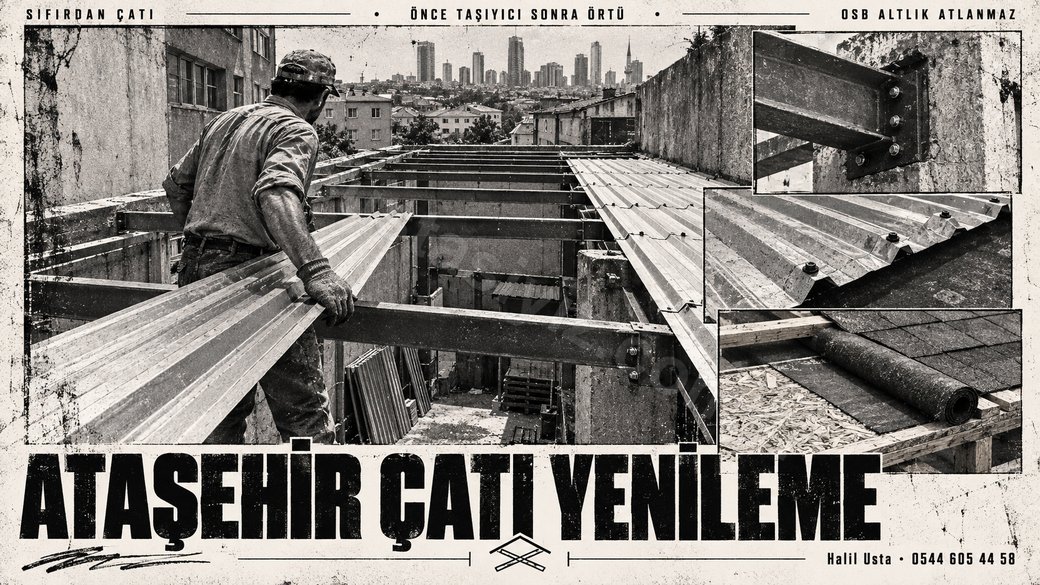 Ataşehir'de iki duvar arasına kurulan çatı karkası ve trapez sac, siyah beyaz belge afişi