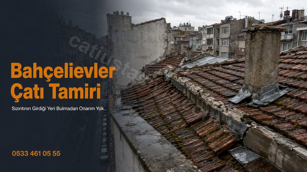 Bahçelievler'de bitişik nizam apartman çatısında dökülmüş mahya harcı ve ayrılmış baca eteği, afiş başlıklı